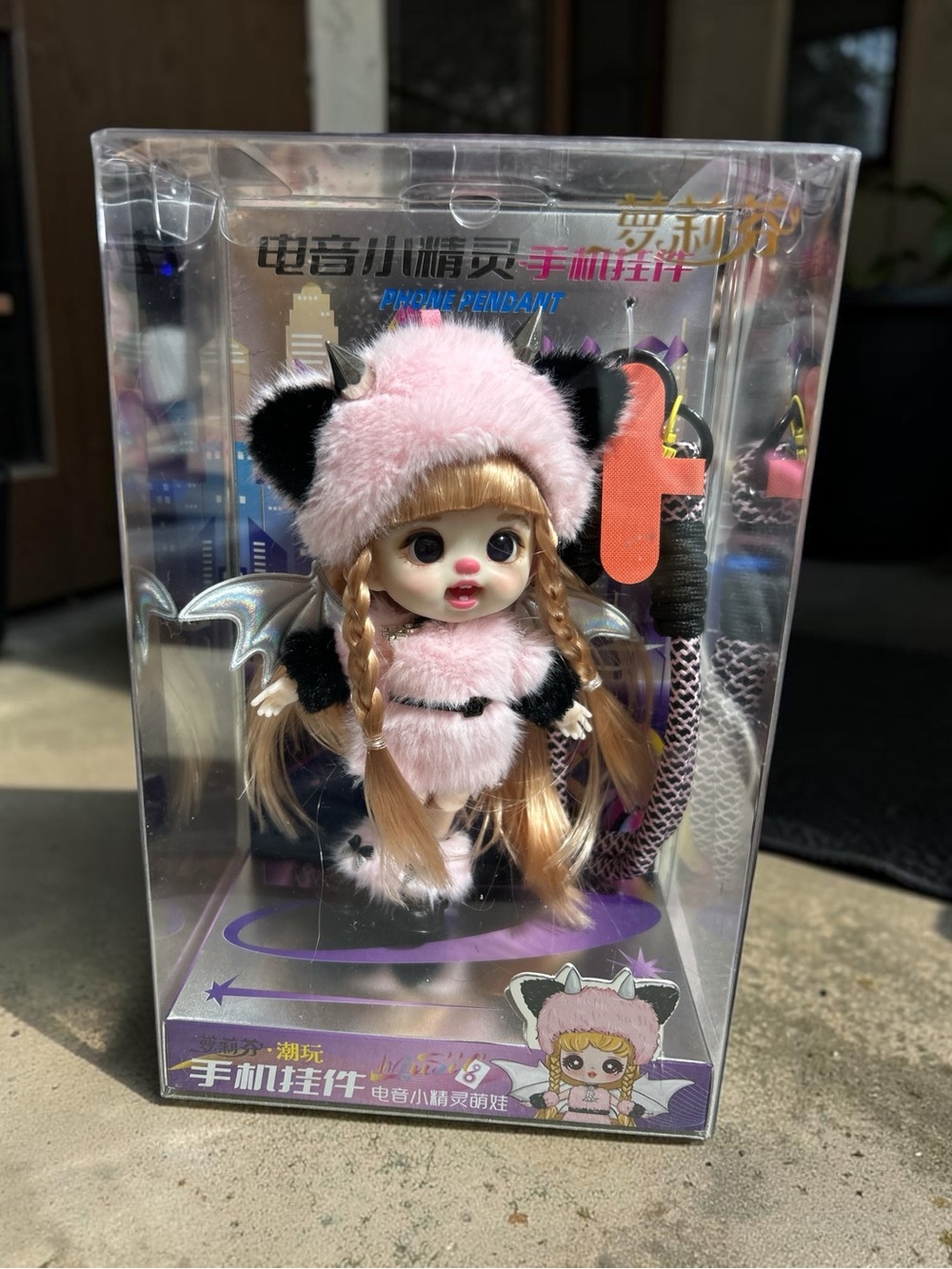 Plush Pink & Black Bat Wing Doll phone Pendant